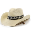 Detail of western straw hat featuring silver studded leather band and vintage buckle - M(56-58cm) / Beige