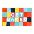 Absorbent bath mat with colorful checkered pattern and Get Naked tufted lettering - GET NAKED-Checkerboard Orange Yellow