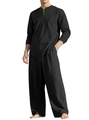 Ensemble noir deux pièces pour homme en lin avec chemise Henley à manches longues et pantalon - S / Noir + Noir