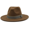 Close-up of brown wool fedora hat featuring a striped woven band and stylish pinched crown - Khaki