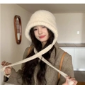 White plush knit hat with long ties and furry texture for winter women fashion - Solid Bag Hat-Beige
