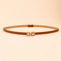 Women's brown PU leather skinny belt featuring dual golden square buckles with pearls - 19288 Brown/Pearl Square Buckle