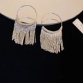 Macro shot of silver tassel earrings with polished crescent metal and long fine chains - Silver Metal Semicircle Tassel Style