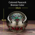 Bronze windproof ashtray with peacock lid and red flower carvings, 10cm diameter - Bronze Enamel Peacock