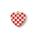 Red and white checkered heart pendant with gold plated alloy rim for DIY jewelry - Red Gold Plated
