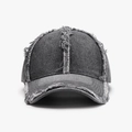 Distressed dark grey denim baseball cap with vintage frayed edges and adjustable soft top - Dark Gray