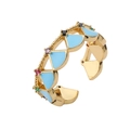 Golden open bangle with blue enamel triangles and vibrant multi-colored gemstones - Sky Blue