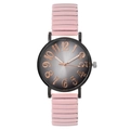 Women's quartz watch with pink elastic strap and black round case on white background - Pink