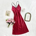 Elegant wine red satin slip nightdress with criss-cross straps and black trim detail - S / Red
