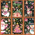 Christmas window stickers set featuring pink Santa, reindeer, and snowman designs - 6-Sheet Set Mix C