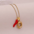 Gold-tone chain necklace featuring a red chili pendant and a sparkling CZ disc charm - Letter O(O)