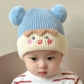 Cute baby winter knit hat with double blue pom-poms and cartoon smiley embroidery - Sky Blue - Cartoon Pom Pom