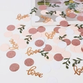 Detail von Roségold Love-Konfetti mit grünen Blättern und rosa Kreisen auf weißem Grund - Blätter + Roségold Love + Roségold/Rosa/Weiße Kreise (100pcs)