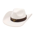 Classic white Western cowboy hat featuring a brown leather band and bronze bull head emblem - Gold Bull Head / White