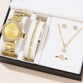 Elegant gold women's watch set with crystal necklace, bracelet, earrings and ring - Gold Jewelry Set 2 (No Box)