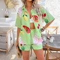 Ensemble de vacances bohème vert avec imprimés fruits et motifs à damier rose - S / Vert Fruit Floral