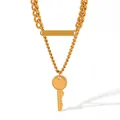 Golden double-layer chain necklace featuring a rectangular plate and key pendant charms - Gold (KCD256)