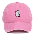 Detailed view of white ghost embroidery on a pink washed cotton baseball cap - Adjustable / Pink