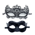Set of two black masquerade masks featuring lace crown style and glossy finish half mask - Black Crown Lace Mask + Sleek Plastic Mask