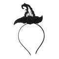 Detail of Halloween black wizard hat headband with lace veil and three cloth roses - Witch Hat Style B (With Flower)