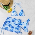 Three-piece bikini set with blue floral print including top, bottom and matching sarong - S / Blue