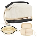 Neceser de pana beige con base de cuero negro y elegantes cremalleras doradas - Beige + Negro