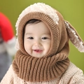 Cute puppy-themed knitted baby hood scarf with plush rabbit ears for winter warmth - Coffee