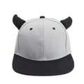 Hip-hop flat brim cap in grey and black featuring unique 3D devil horn design detail - Black Brim Gray Hat