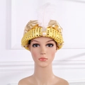 Golden sequin turban with white feather and pearl ornament for festive party costumes - A14-1 Aladdin Hat Gold
