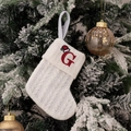 White knitted Christmas stocking ornament with embroidered red letter G on snow branch - Embroidered Knitted Small Sock White G