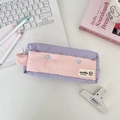 Detailed top view of purple and pink stationery bag on a cozy student desk setup - Light Purple