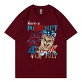 Maroon cotton T-shirt featuring 4th of July cat print and Independence Day slogan - Burgundy