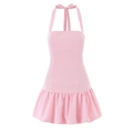 Rosa-weiß gestreiftes Neckholder-Kleid mit Rückenausschnitt und Schleifen-Detail - S / Rosa
