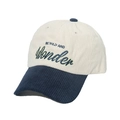 Close-up of contrast corduroy baseball cap featuring navy blue brim and BE WILD embroidery - Navy Blue