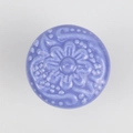 Lavender floral ceramic cabinet knob with embossed round flower pattern and glazed finish - Flat Pad / Violet Blue