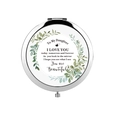 Silver round folding makeup mirror with green leaf wreath and daughter love quote - Daughter Always Beautiful