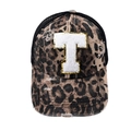 Leopard print trucker hat with distressed details and gold-bordered T letter patch - Letter T (Black Leopard)