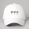 Close-up of white baseball cap with three black palm tree prints on fabric - One Size / White (Black Coconut Tree)
