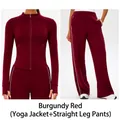 Burgundy five-piece yoga set with zip-up jacket and white stripe straight-leg pants - S / Burgundy (Yoga Jacket + Straight Pants)