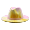 Regenboog tie-dye wollen fedora hoed met platte rand en roze band op witte basis - M (56-58cm) / Roze Tie-dye #1