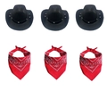 Detail set of three black pet cowboy hats and red paisley bandanas for small dogs and cats - Black + Red Bandana