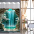 Rideau de douche gaufré double couche avec motif cascade et anneaux métalliques - 181x188cm / Cascade de Grotte Bleue