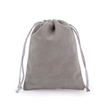 Detailed view of the soft grey velvet texture on a drawstring jewelry storage pouch - Gray