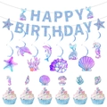 Mermaid party decoration set with Happy Birthday banner and sea creature swirls - Mermaid (Banner, Swirls, Small Toppers)