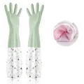 Green fleece-lined rubber cleaning gloves with tree pattern and elastic cuffs - S (Palm Width <7CM) / Elastic Cuff Fleece Lined / Green Small Tree