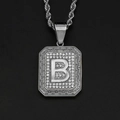 Hip hop silver square pendant necklace with iced out letter B and greek key border - Steel Letter B / Pendant Only