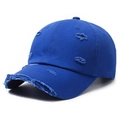 Distressed dark blue baseball cap with ripped details and a curved brim on a white background - Adjustable / Sapphire Blue