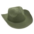 Close-up of olive green straw cowboy hat showing intricate woven texture and curved brim - Army Green