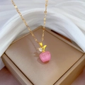 Pink opal apple pendant necklace with gold chain and zircon leaf detail - Pink Apple Style (F501)