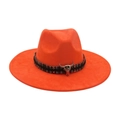 Orange wide-brim fedora hat with ethnic woven band and metallic bull skull decor - Colorful Bull Head Ornament / Orange
